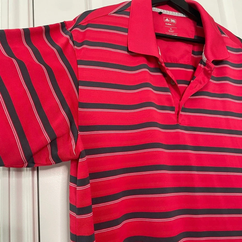 Adidas Men's Golf Climalite Polo Shirt Red Navy Blue Striped Short Sleeve XL